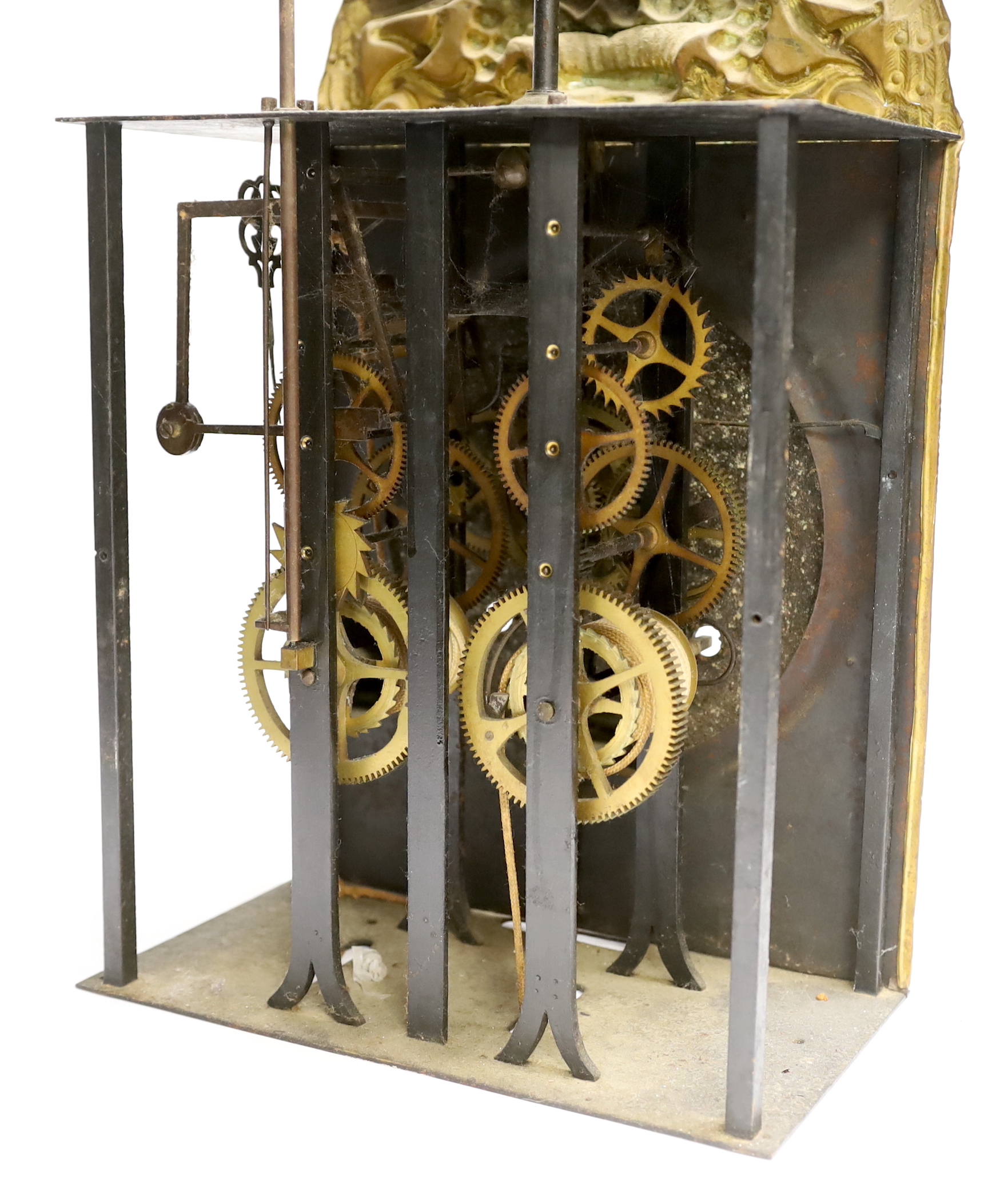 A 19th century French eight day longcase clock movement, with circular enamelled dial with weights, clock front 45cm high